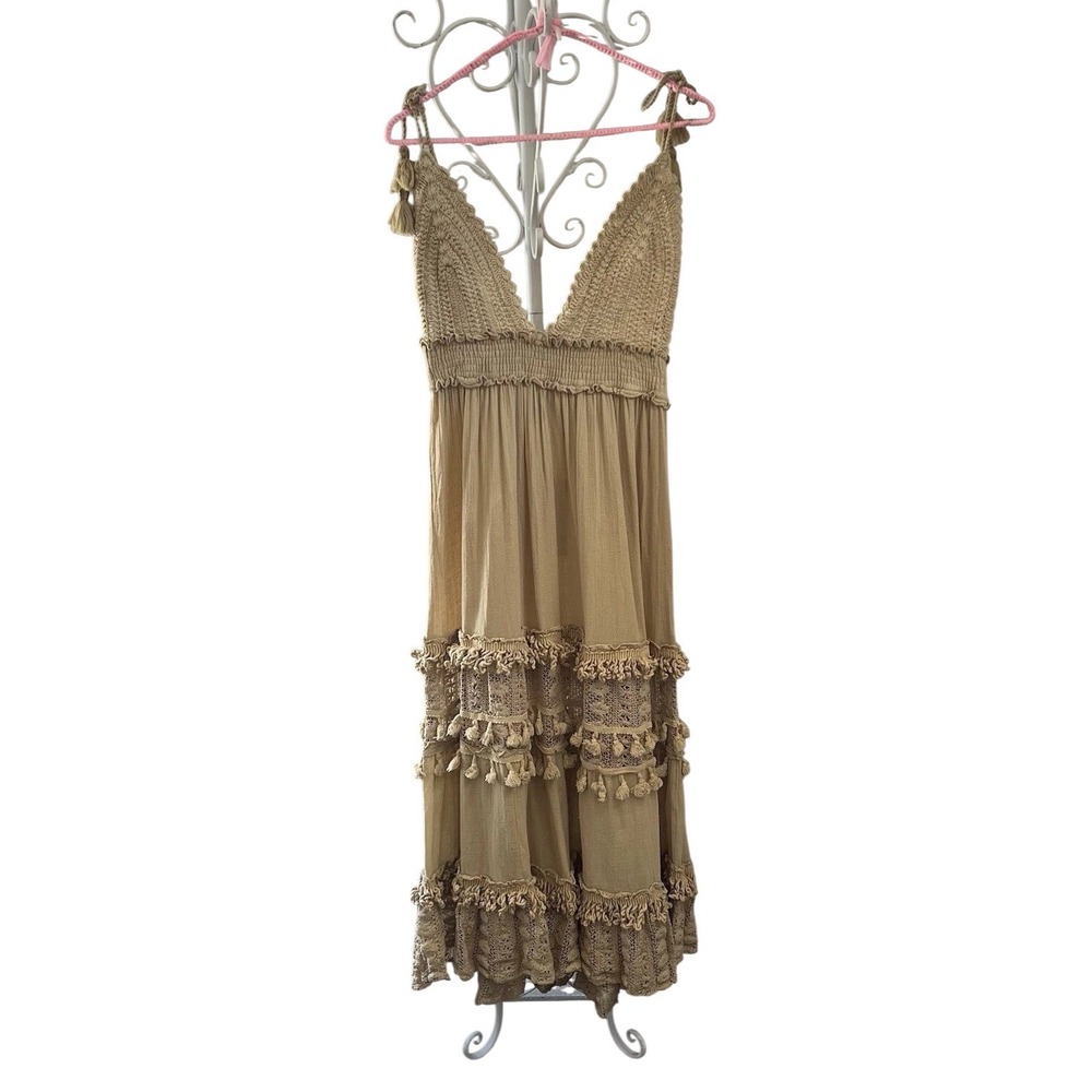 Barok Chloe Laetitia Maxi‎ Dress S Tiered Floral Crochet Trim Beige Boho Western
